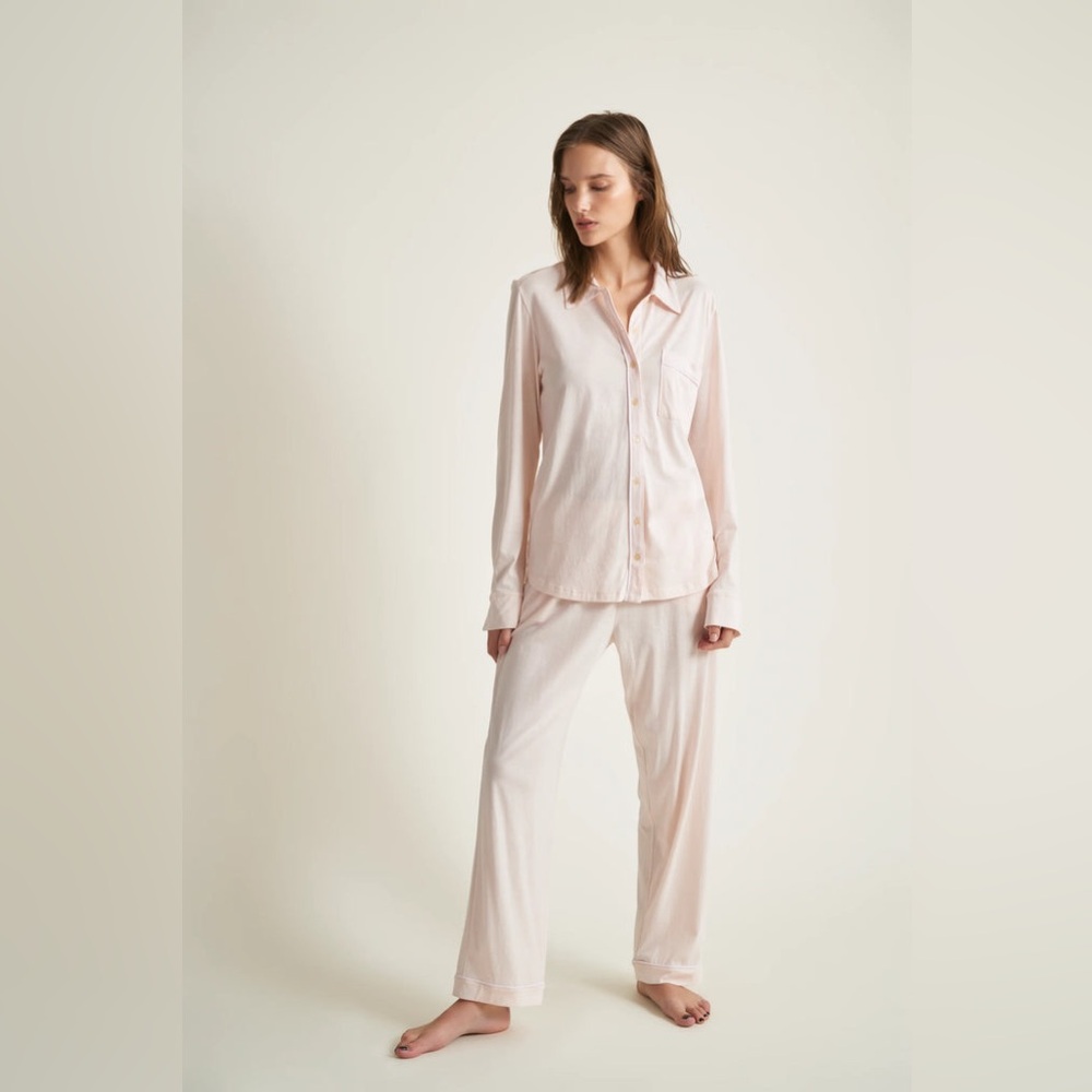 Carla Long PJ Set in Pearl Pink lining with White - Skin Organic Prima Cotton